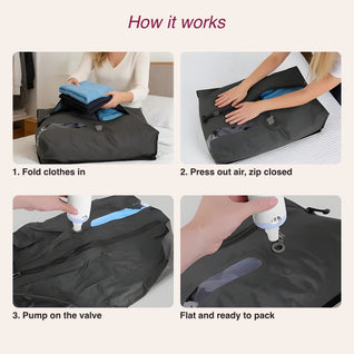 RosyIron vacuum packing cube steps: fold clothes in, zip closed, pump the air out through the valve