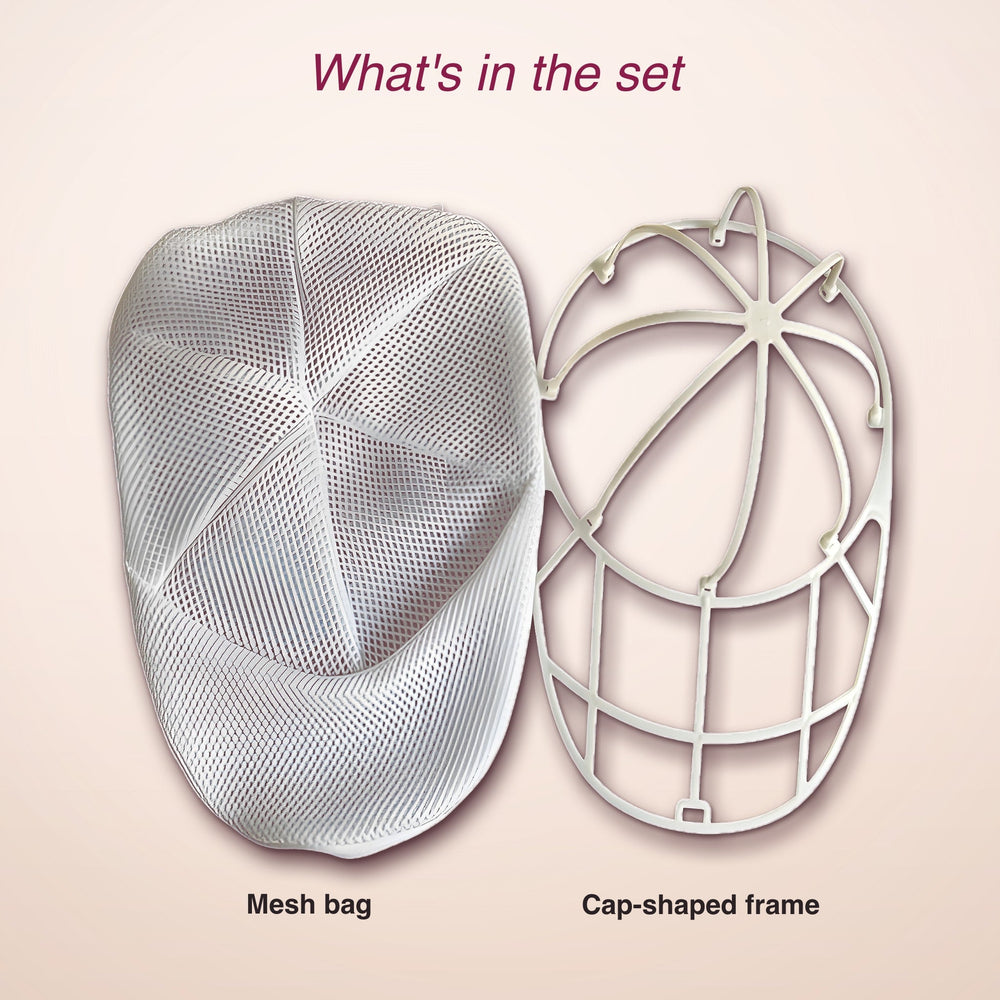 RosyIron cap washer set contents: soft white mesh bag and cap-shaped frame