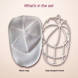 RosyIron cap washer set contents: soft white mesh bag and cap-shaped frame