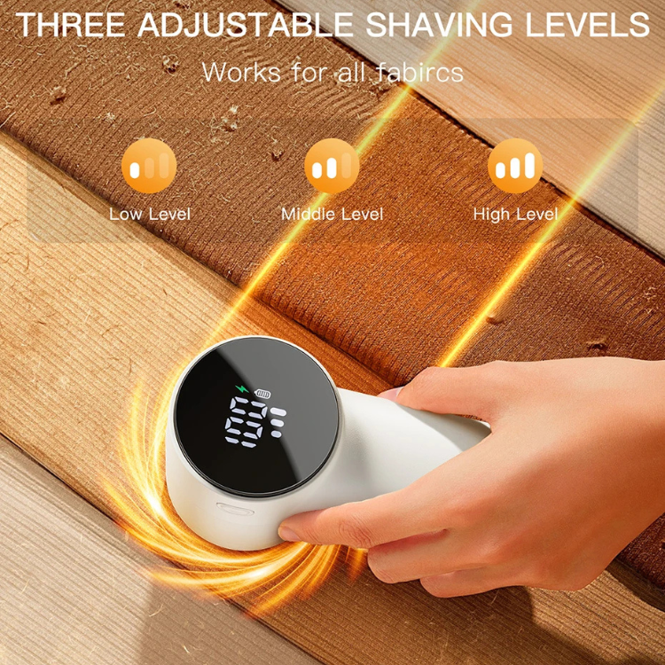 RosyIron lint remover gliding over fabric, infographic of low, middle and high shaving levels