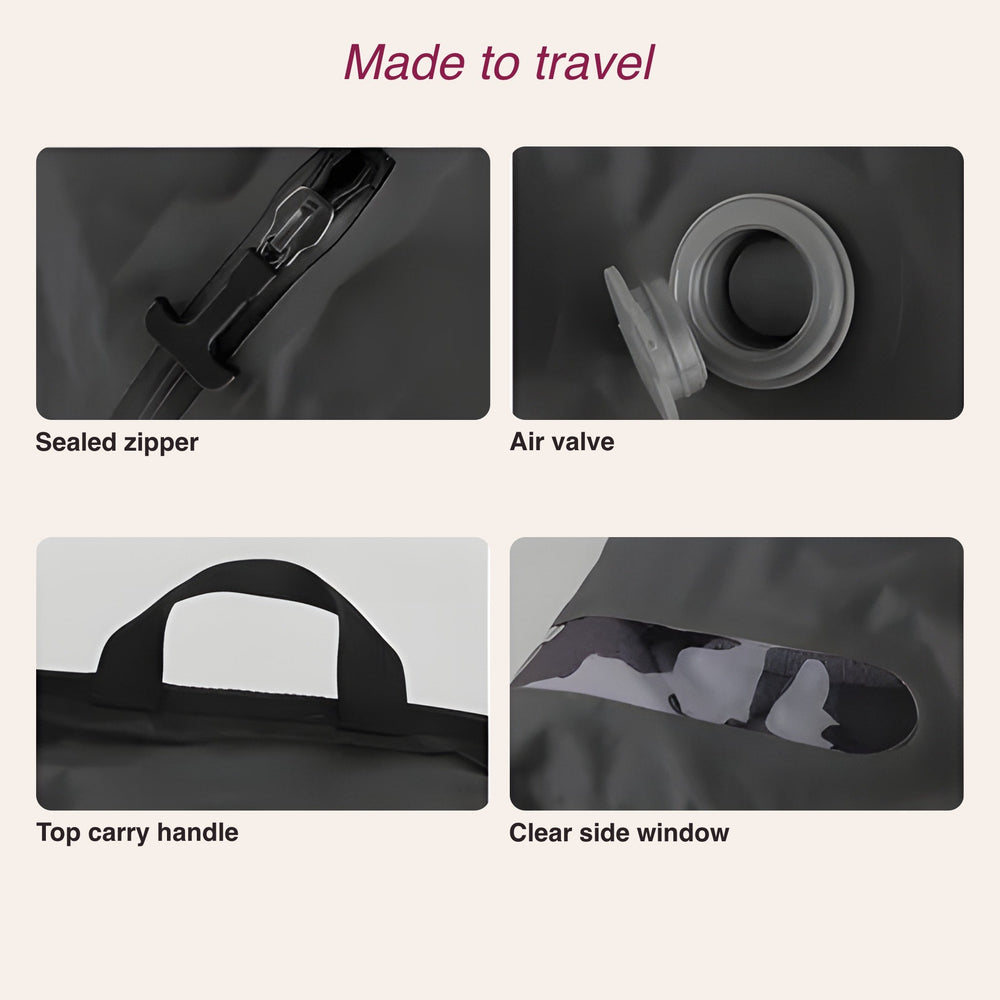 RosyIron vacuum packing cube details: sealed zipper, air valve, top handle and clear window