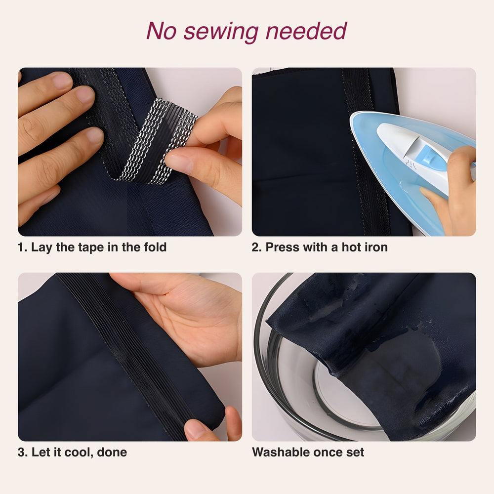 RosyIron iron-on hem tape steps: place tape in the hem fold, press with an iron, let cool