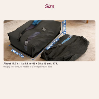 RosyIron vacuum packing cube size 17.7 x 11 x 5.9 inches, before and after pumping