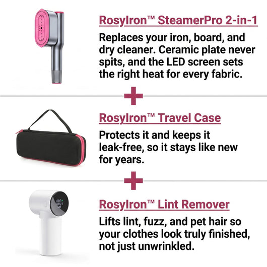 Rosylron SteamerPro 2-in-1 with travel case and lint remover on a white background