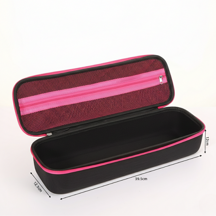 RosyIron steamer case open showing mesh zip pocket in lid, measuring 39.5 x 12.5 x 12 cm