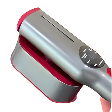 Gray and red handheld device with a control panel on a white background