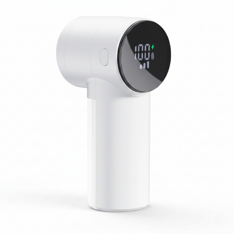 RosyIron lint remover in white with round LED digital display showing battery level