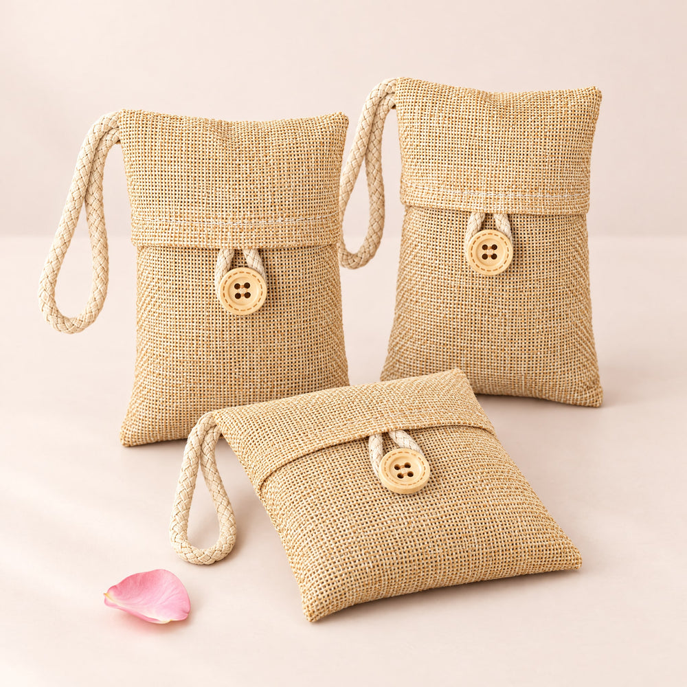 RosyIron bamboo charcoal closet bags, three beige linen-look pouches with wooden buttons and braided loops