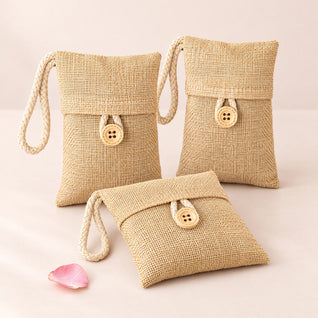RosyIron bamboo charcoal closet bags, three beige linen-look pouches with wooden buttons and braided loops