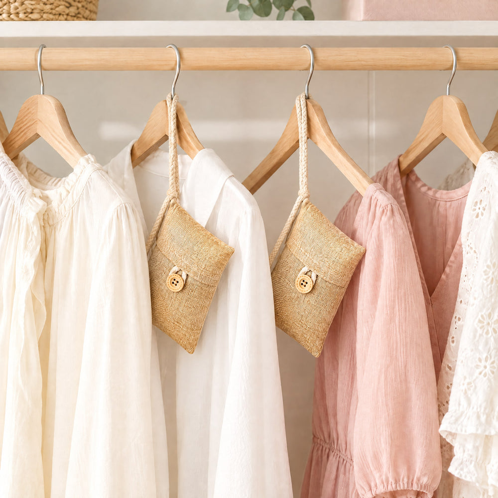 RosyIron bamboo charcoal bags hanging by their braided loops from wooden hangers between blouses in a closet