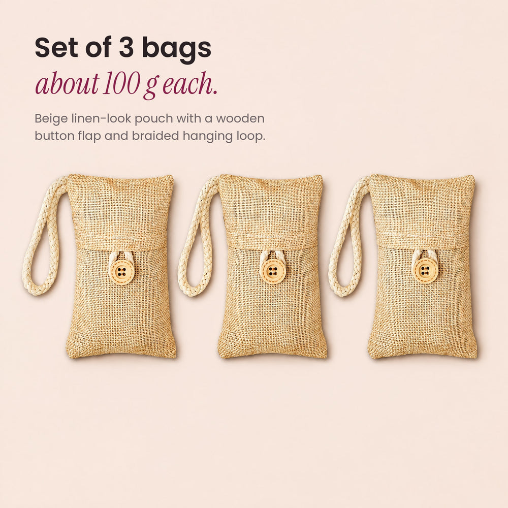 RosyIron bamboo charcoal closet bags set of 3, about 100 g each, laid side by side