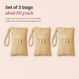 RosyIron bamboo charcoal closet bags set of 3, about 100 g each, laid side by side