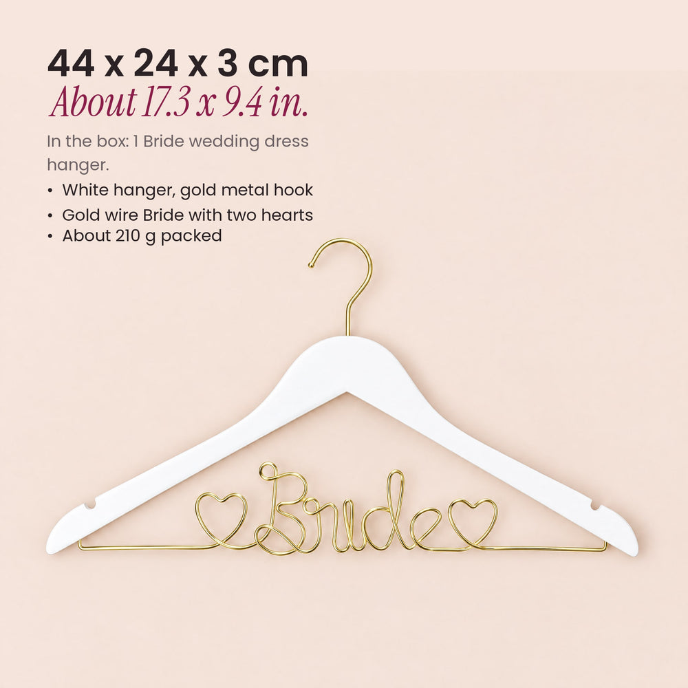 RosyIron Bride wedding dress hanger measuring 44 x 24 x 3 cm, white with gold hook and lettering