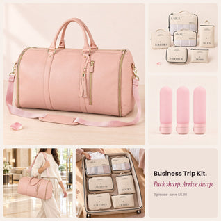 RosyIron Business Trip Kit with pink garment duffel bag, packing cubes and silicone travel bottles