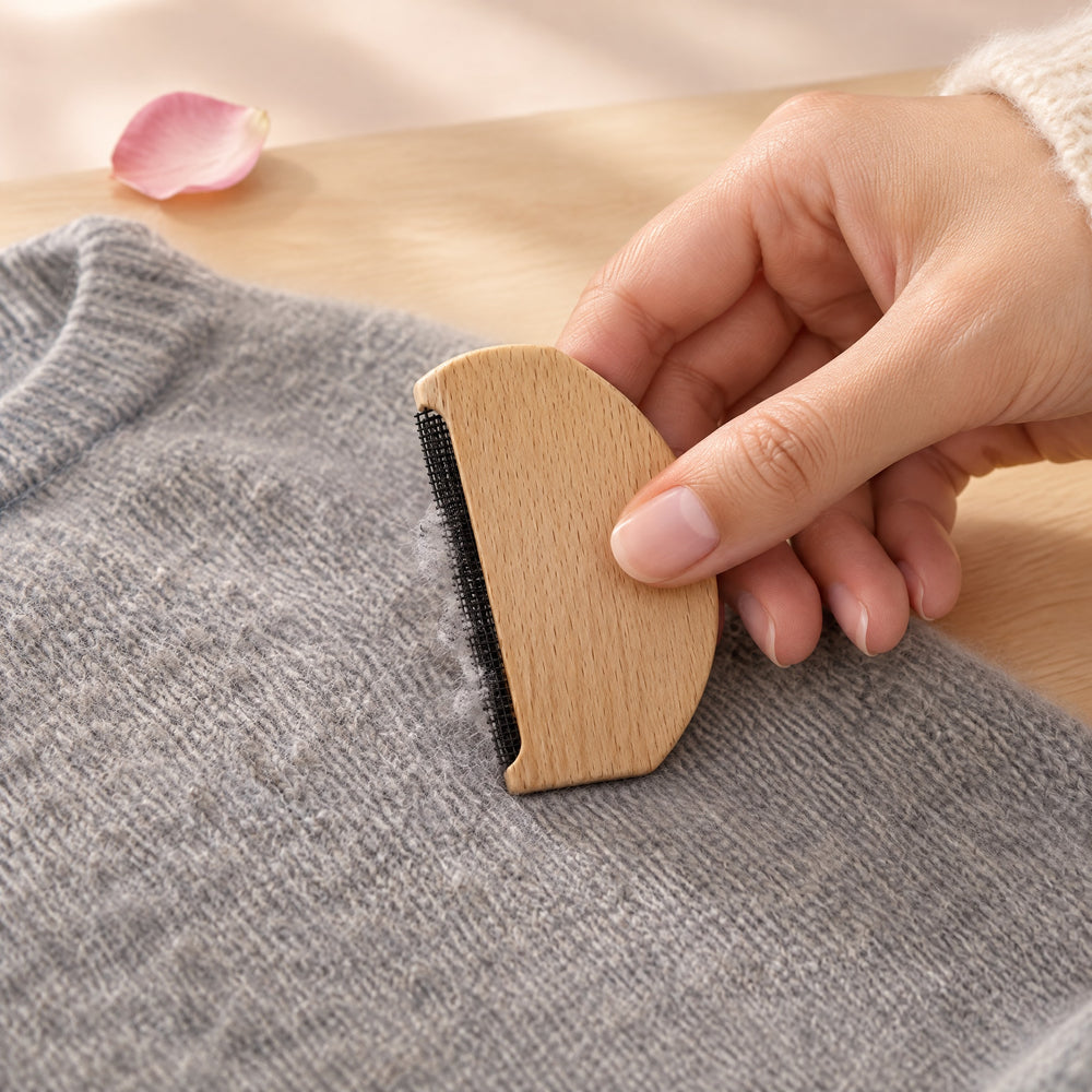 RosyIron cashmere comb held in a hand, gently combing pills off the sleeve of a grey cashmere sweater