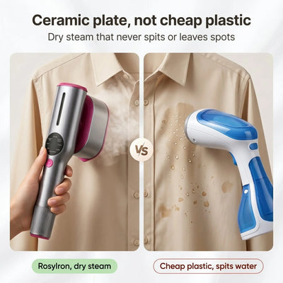RosyIron ceramic plate dry steam next to a cheap plastic steamer that spits water and leaves spots