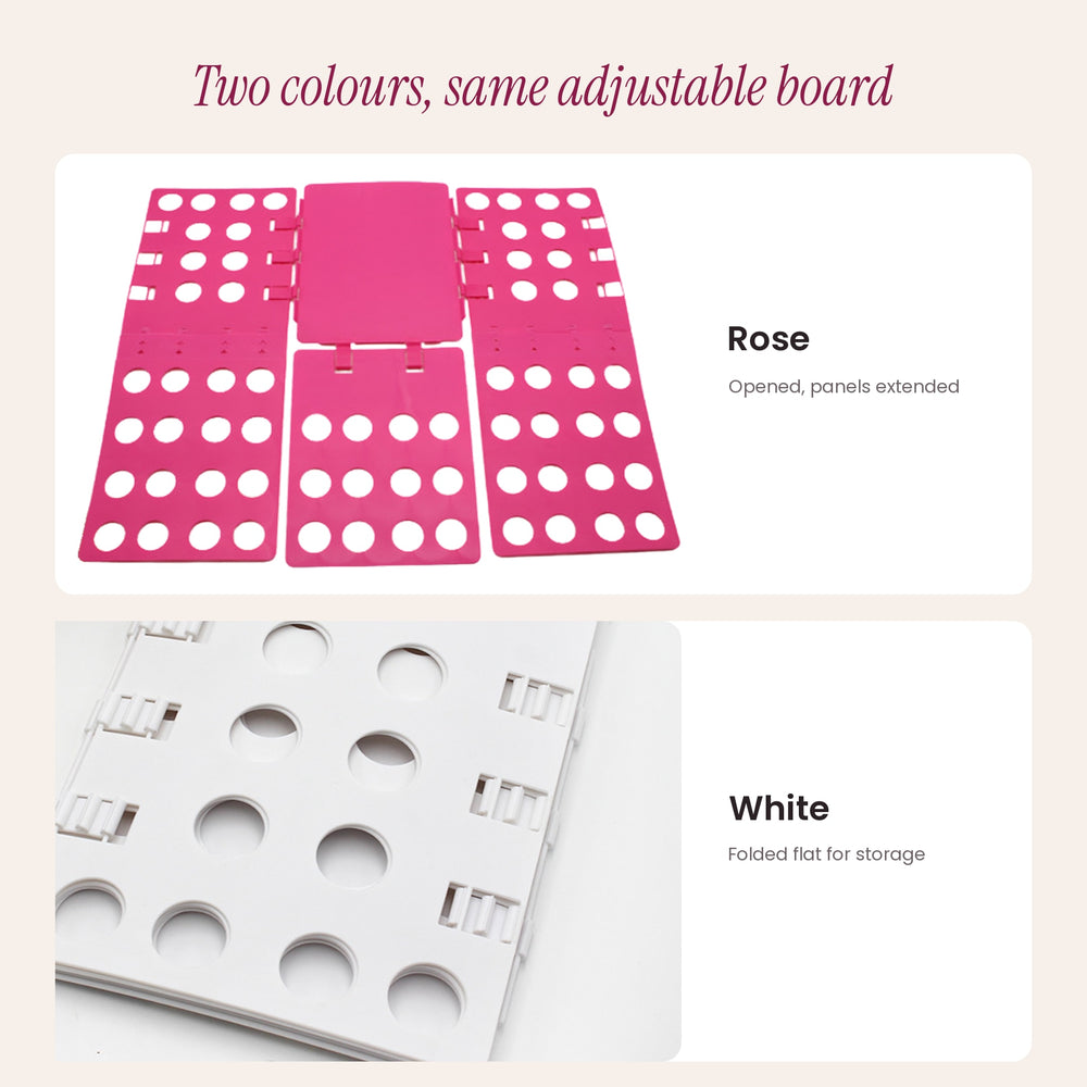 RosyIron clothes folding board in rose and white, one opened and one folded flat with sliding clips