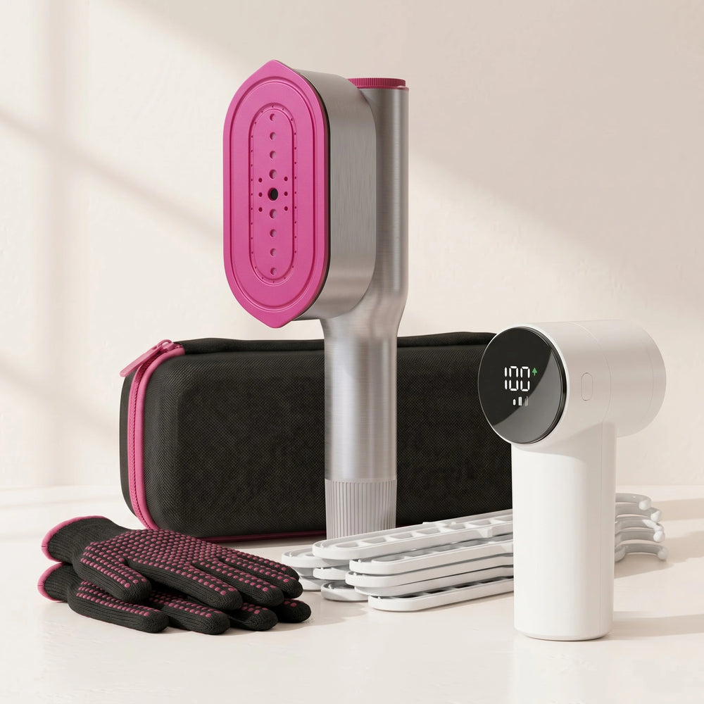 RosyIron Complete Wardrobe System with SteamerPro steamer, travel case, lint remover, steaming gloves and space-saving hangers