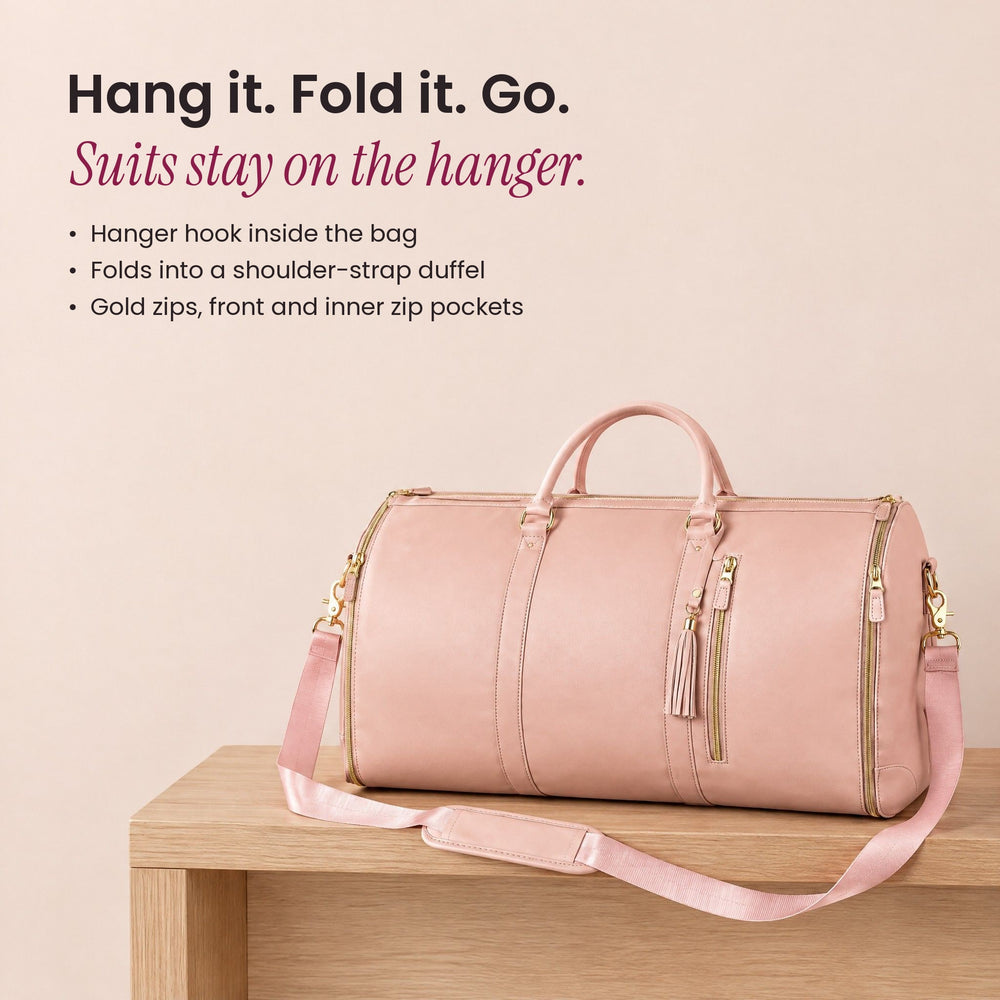 RosyIron convertible garment bag folded into a pink duffel on a wooden bench with its shoulder strap