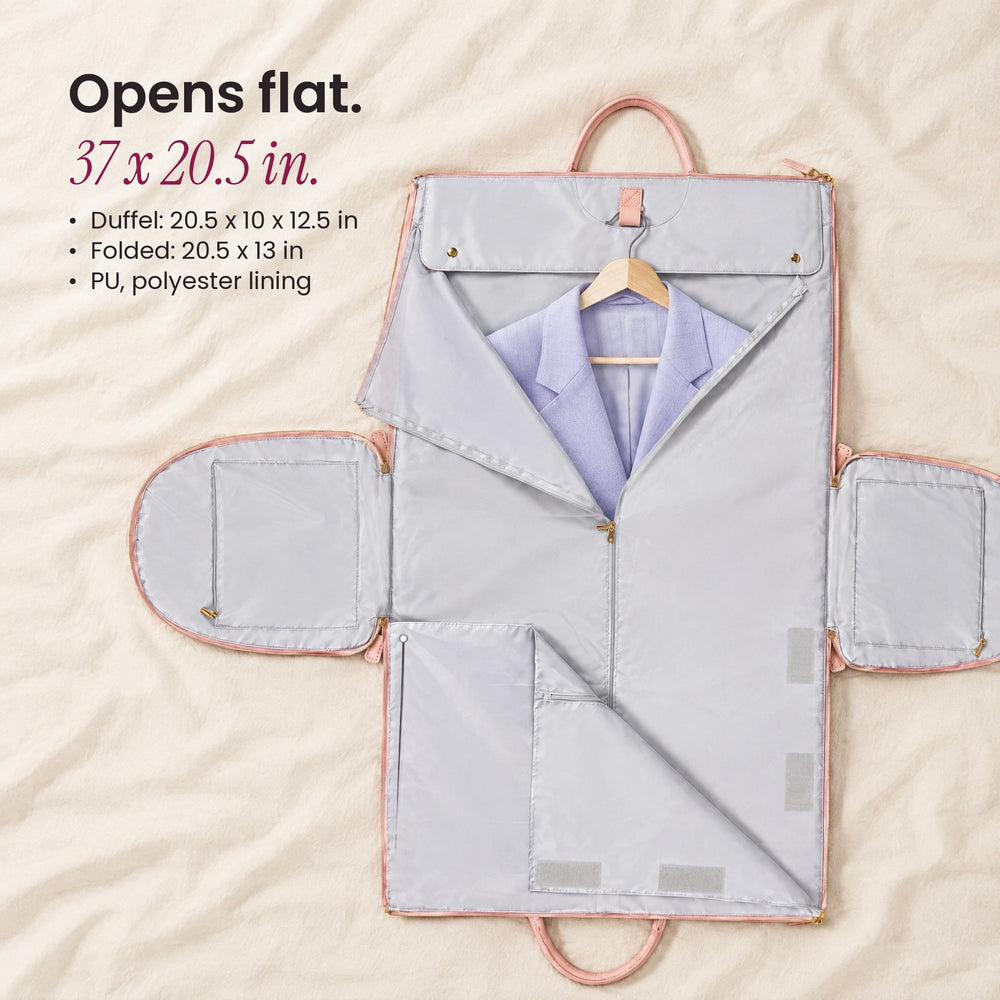 RosyIron garment duffel bag opened flat with a blazer on a hanger, 37 x 20.5 inches unfolded
