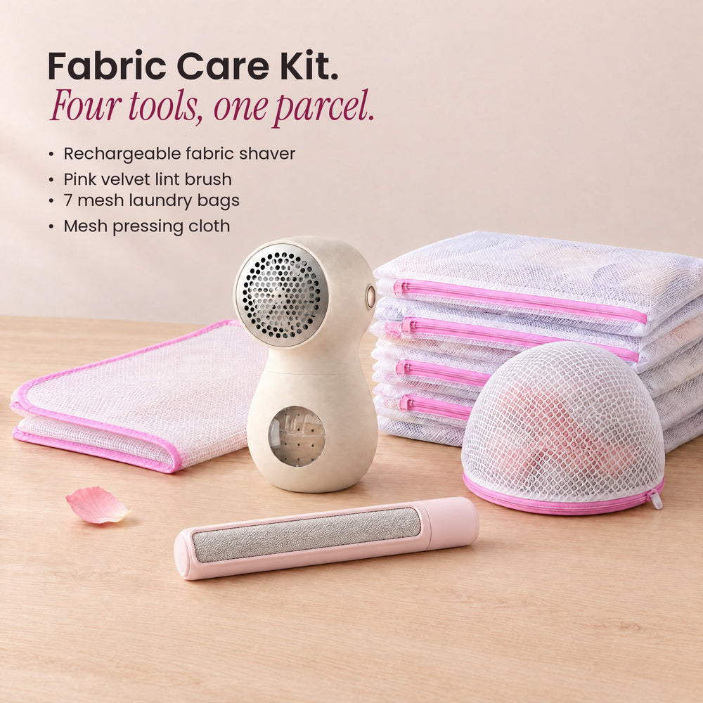 What's in the RosyIron Fabric Care Kit: fabric shaver, velvet lint brush, 7 mesh laundry bags, pressing cloth