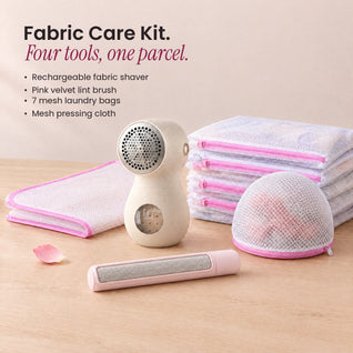 What's in the RosyIron Fabric Care Kit: fabric shaver, velvet lint brush, 7 mesh laundry bags, pressing cloth
