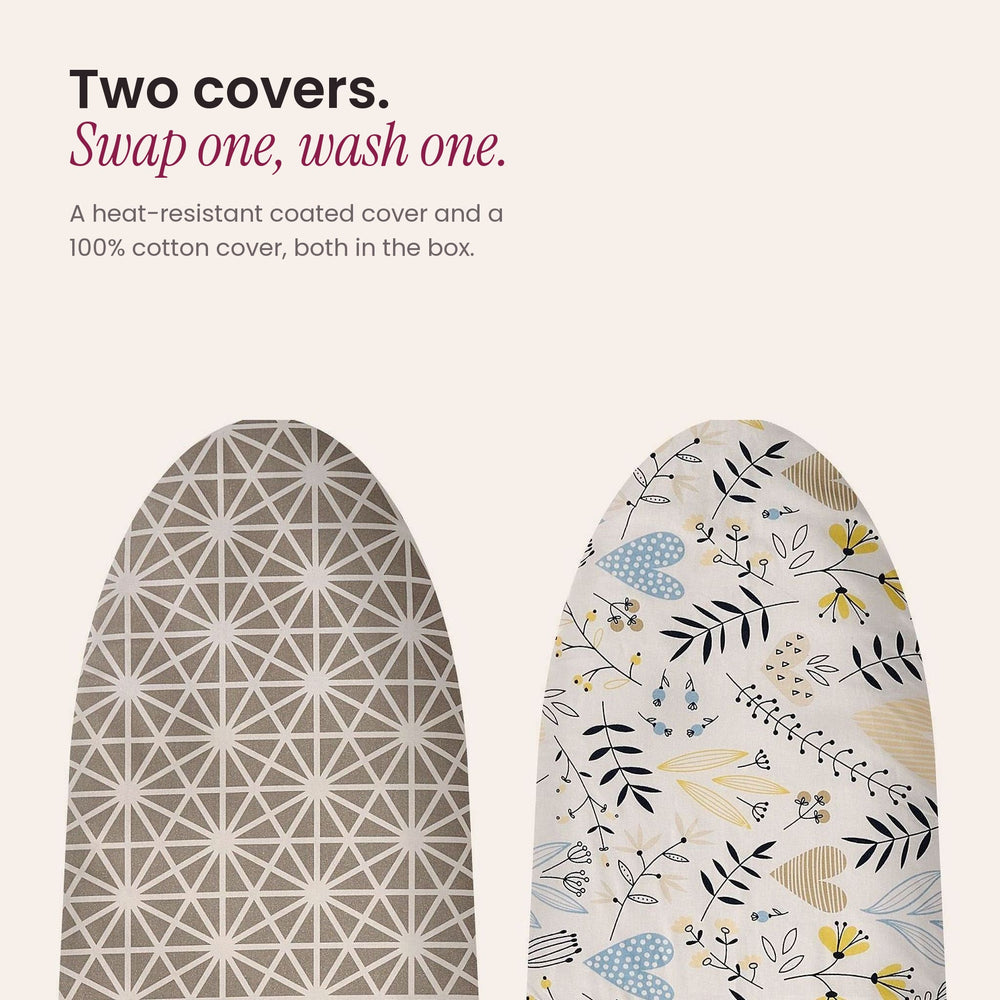 RosyIron ironing board covers: heat-resistant grey geometric cover and spare 100% cotton floral cover