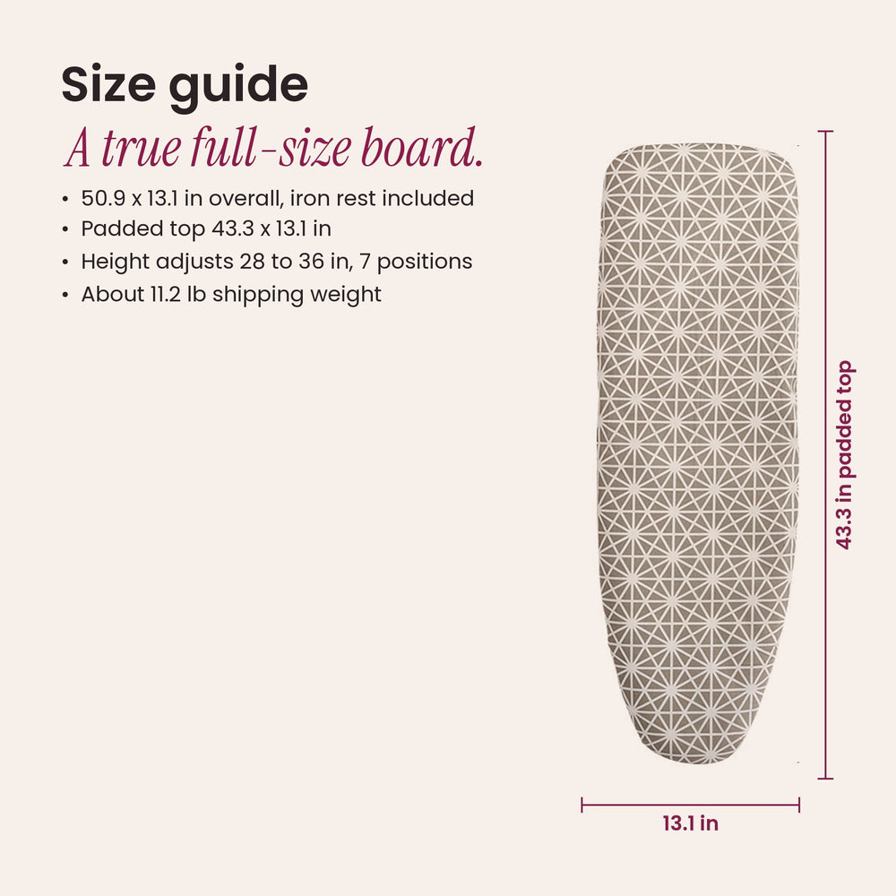 RosyIron full-size ironing board size guide, 50.9 x 13.1 in overall with a 43.3 in padded top