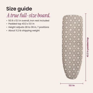 RosyIron full-size ironing board size guide, 50.9 x 13.1 in overall with a 43.3 in padded top