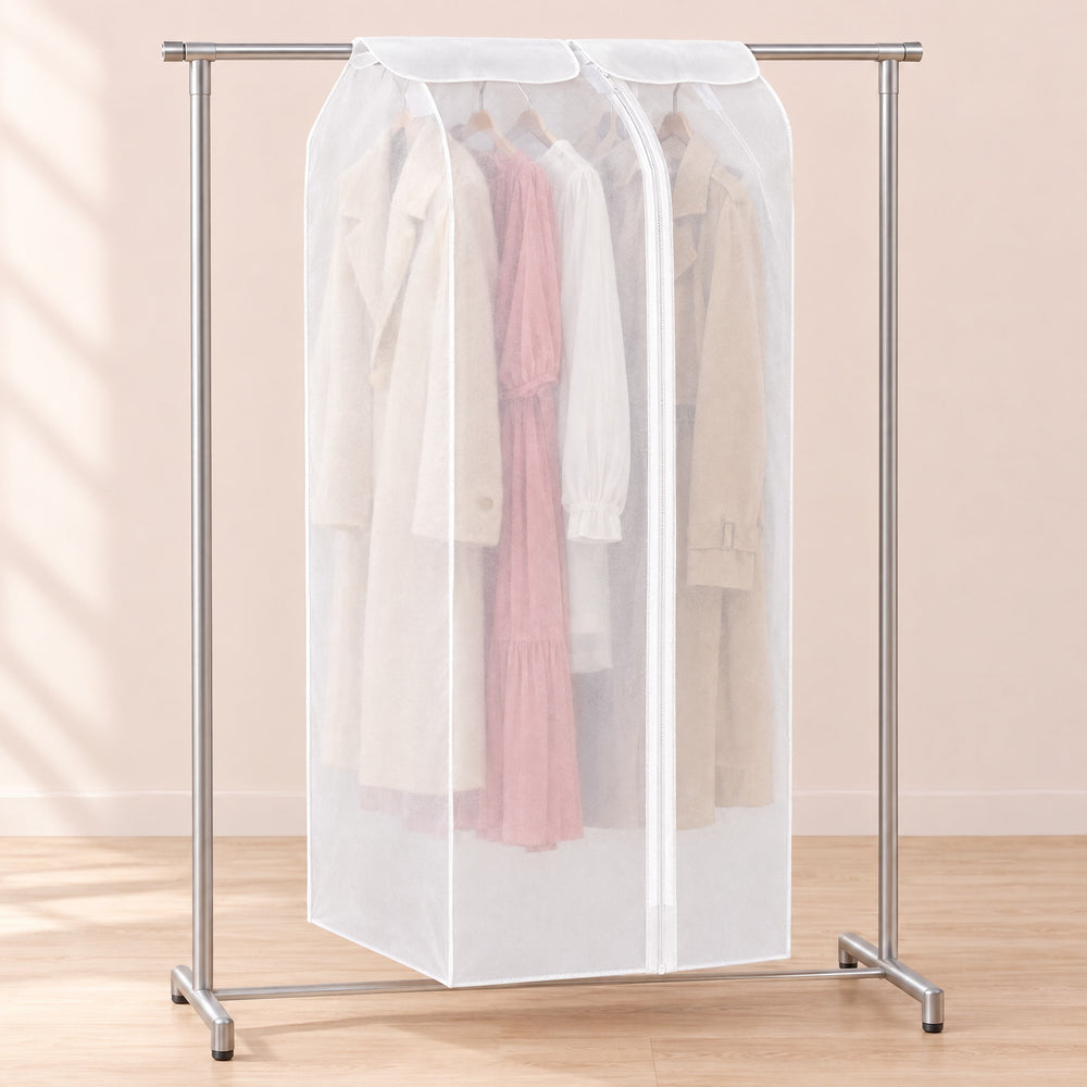 RosyIron garment dust cover in translucent white fabric hanging on a silver rack over coats and dresses