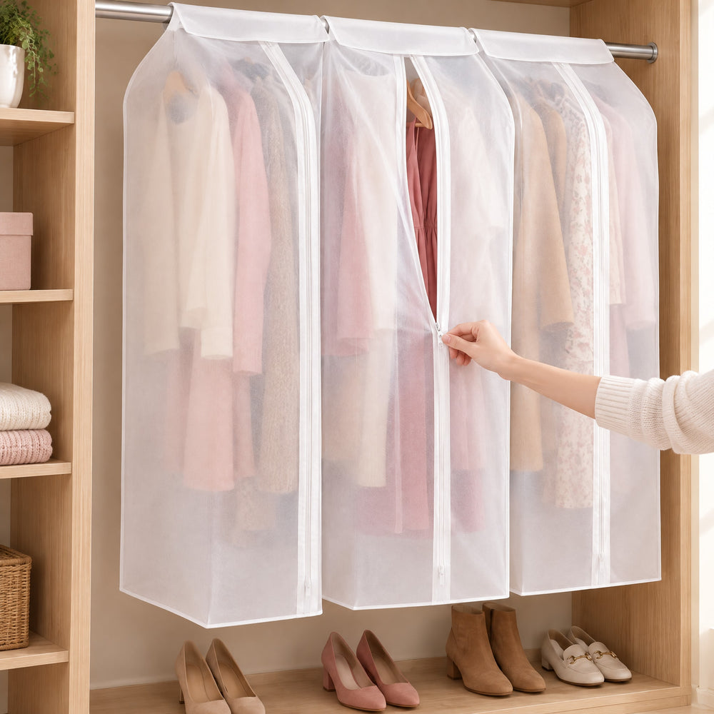 RosyIron garment dust covers, three side by side on a closet rod, one unzipped to show a pink dress