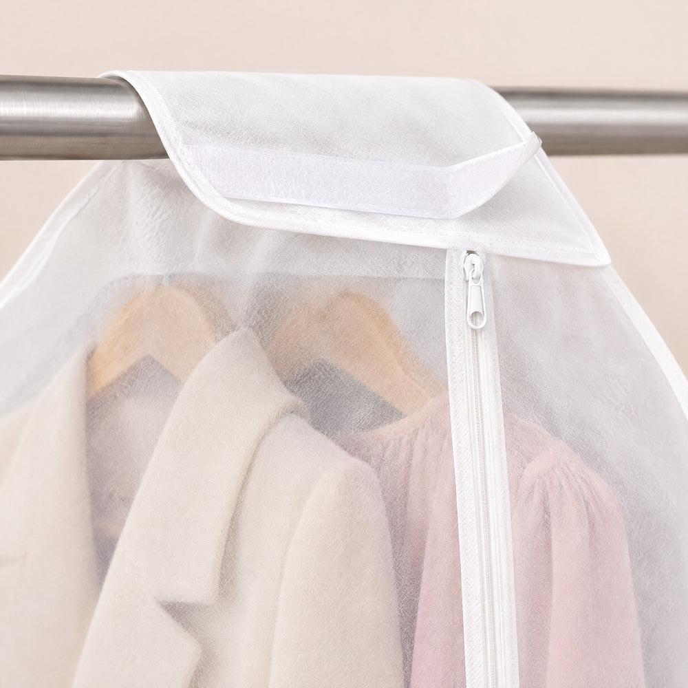 RosyIron garment dust cover close-up of the hook-and-loop top flap over the rail and the zipper pull
