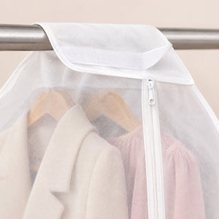 RosyIron garment dust cover close-up of the hook-and-loop top flap over the rail and the zipper pull