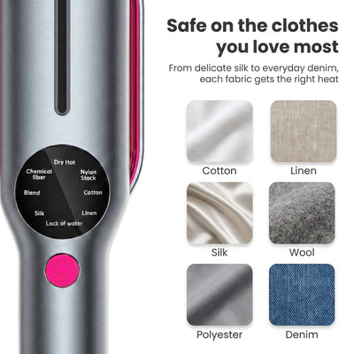 RosyIron garment steamer with heat settings for cotton, silk, linen, polyester, blend and nylon