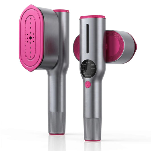 RosyIron handheld garment steamer in brushed silver and pink, front and side view