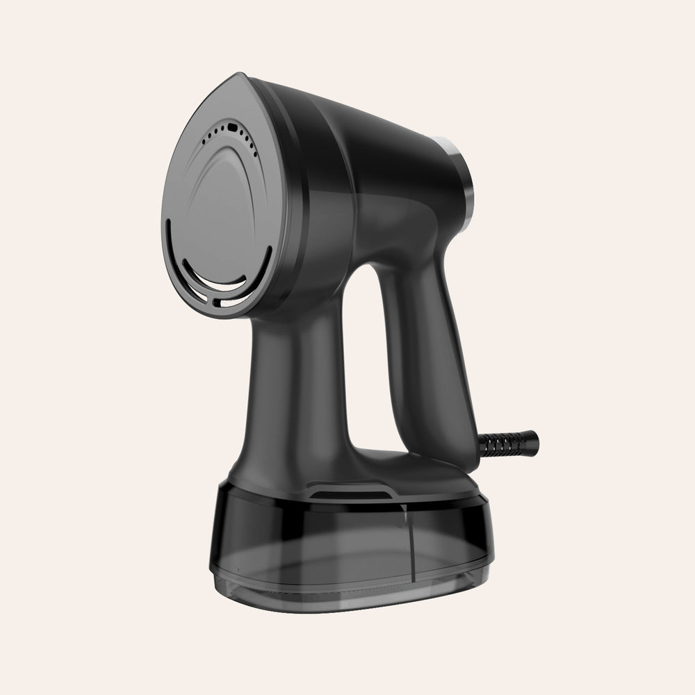 RosyIron handheld suction garment steamer in black, side view of the steam plate and water tank