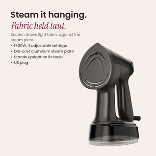 RosyIron suction garment steamer benefits: 1500W, 4 settings, aluminum steam plate, stands upright, US plug