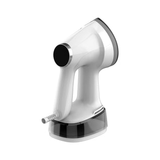 RosyIron handheld suction garment steamer in white with a clear water tank