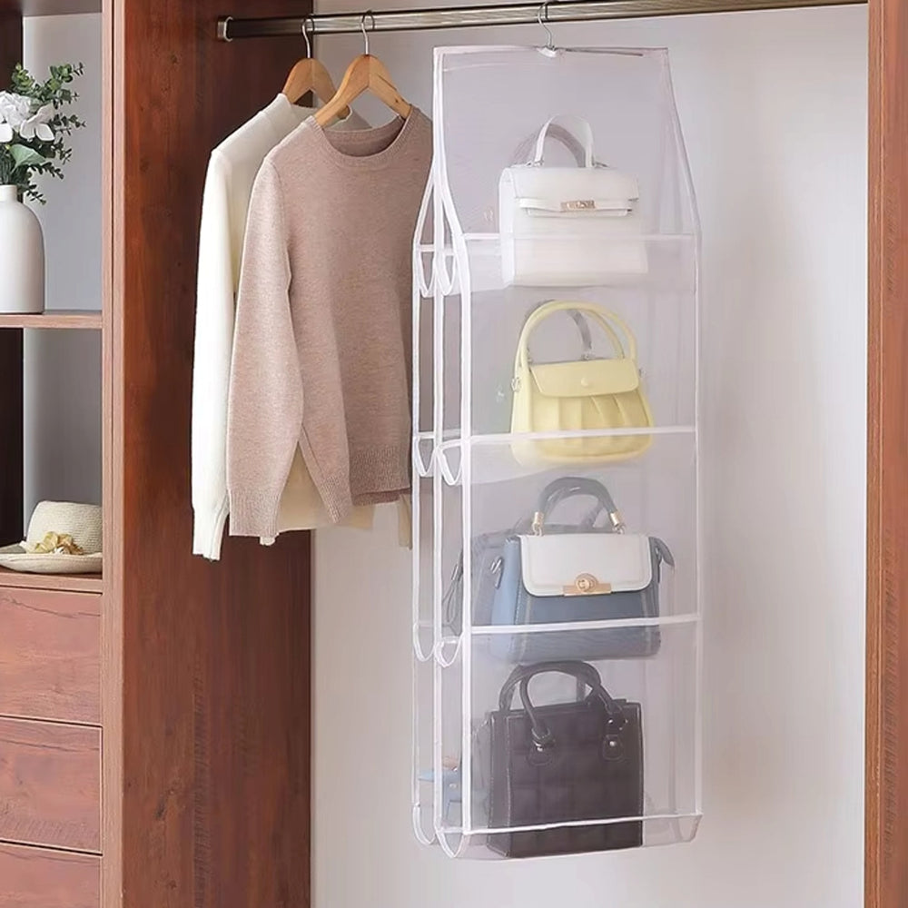 RosyIron clear hanging handbag organizer on a closet rod beside sweaters, four bags stored upright