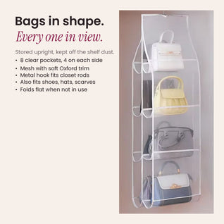 RosyIron hanging purse organizer keeps handbags upright and visible, with eight pockets and a closet-rod hook