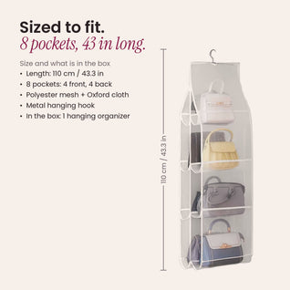 RosyIron hanging handbag organizer size: 43.3 inches long, eight pockets, polyester mesh and Oxford cloth