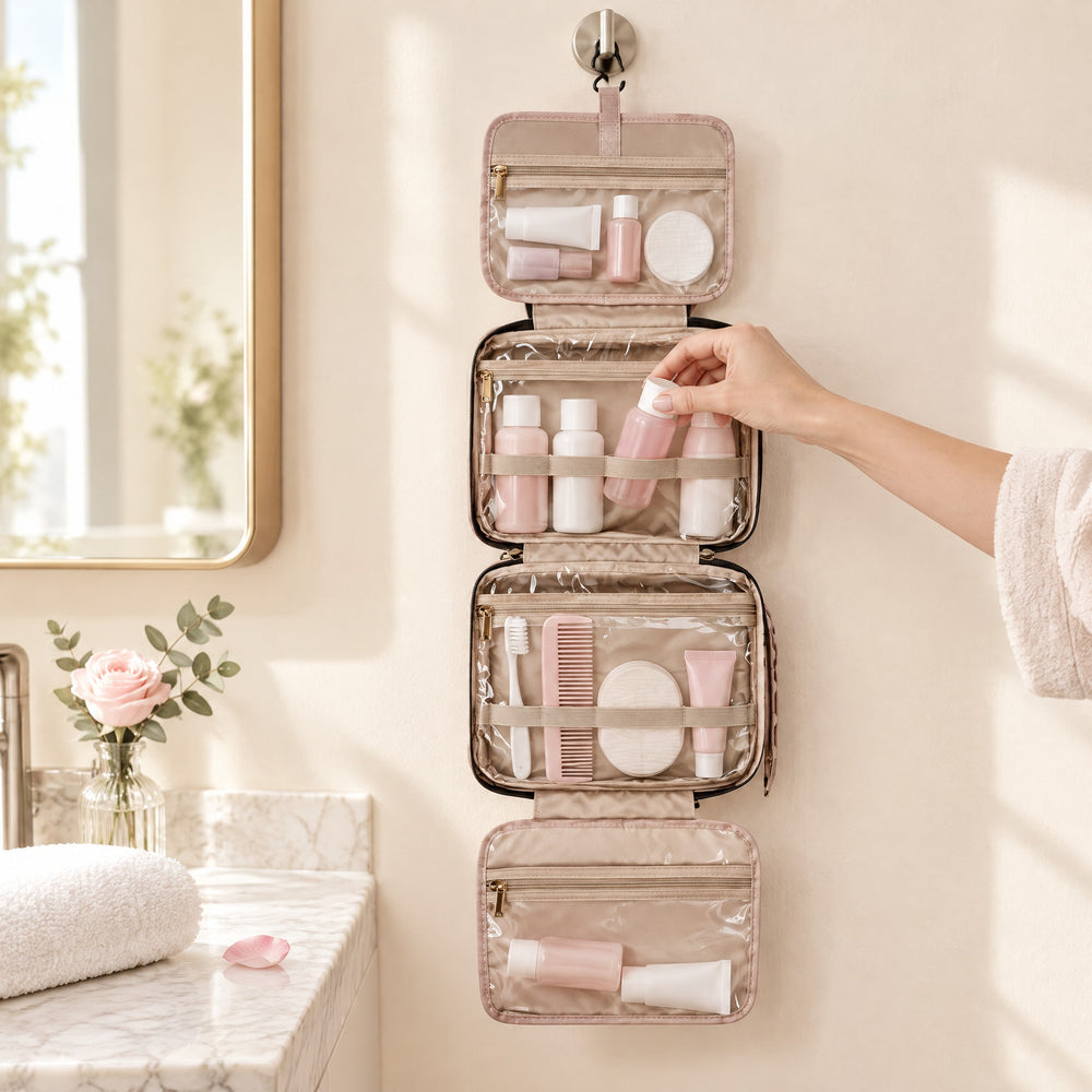 RosyIron pink hanging toiletry bag unfolded on a bathroom wall hook with toiletries in clear pockets