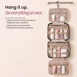 RosyIron hanging toiletry bag unfolded into four sections on a metal hook with clear zip pockets