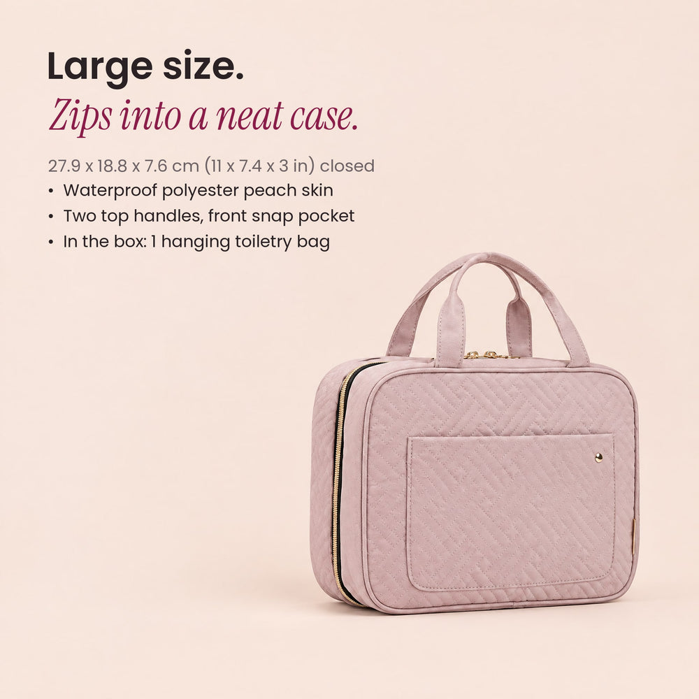 RosyIron pink hanging toiletry bag size 27.9 x 18.8 x 7.6 cm with handles and front pocket