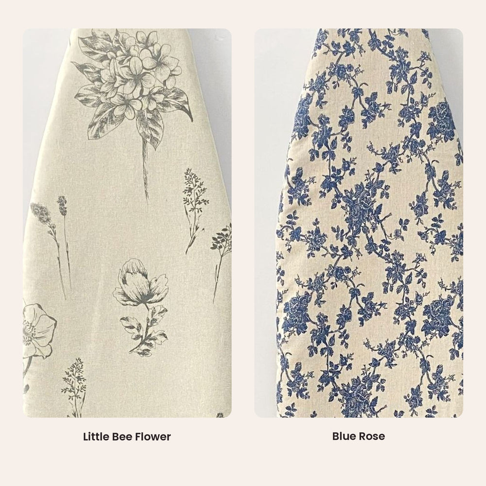 RosyIron canvas ironing board cover patterns side by side, Little Bee Flower and Blue Rose