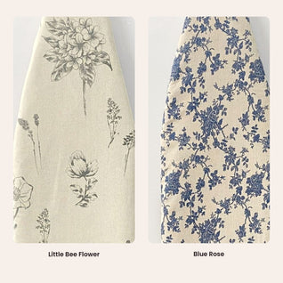 RosyIron canvas ironing board cover patterns side by side, Little Bee Flower and Blue Rose