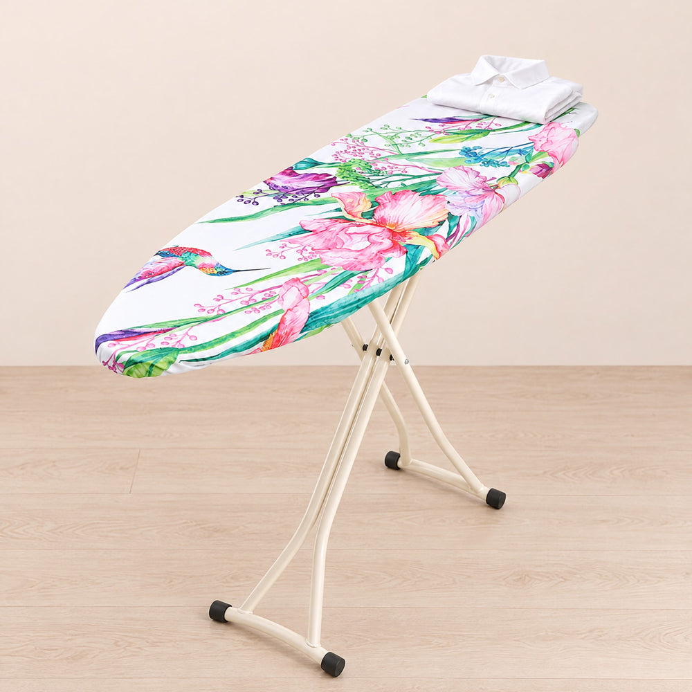 RosyIron bird print ironing board cover in Hummingbird design on a board with a folded white shirt