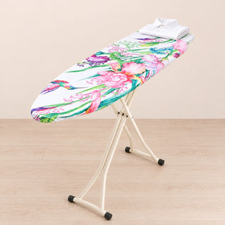 RosyIron bird print ironing board cover in Hummingbird design on a board with a folded white shirt