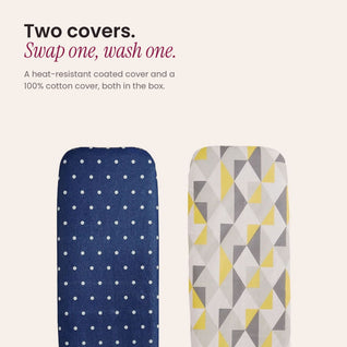 RosyIron ironing board covers: heat-resistant navy polka-dot cover and spare 100% cotton geometric cover