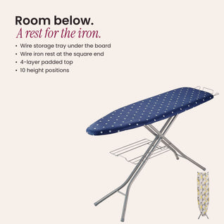 RosyIron ironing board with wire storage tray under the top, wire iron rest and spare cotton cover
